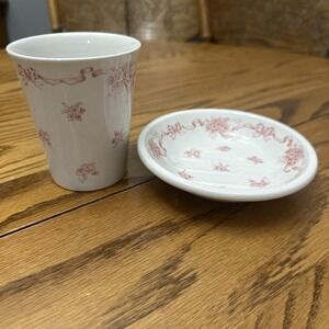 Laura Ashley England Pink Ribbons Roses Soap Dish & Cup Vintage Cottage Core